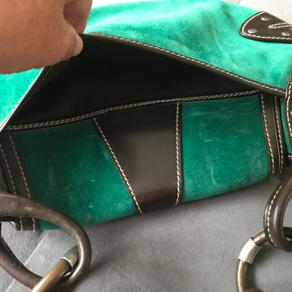 Ruehl No 925 Green Suede & Leather Bag w/ Brass Accents - Picture 7 of 10